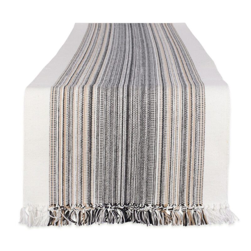 108  Table Runner with Fringed Black Stripes Design