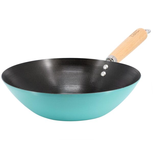 10 Inch Nonstick Carbon Steel Wok with Wooden Handle in Teal