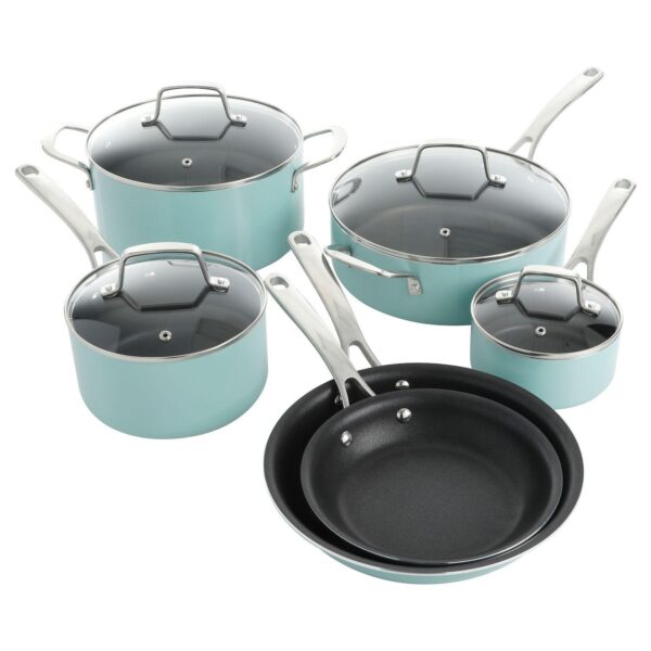 10 Piece Aluminum Nonstick Enamel Cookware Set in Mint with Lids