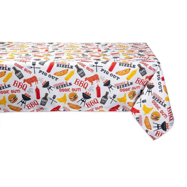 120  White and Yellow Barbeque Themed Rectangular Outdoor Tablecloth