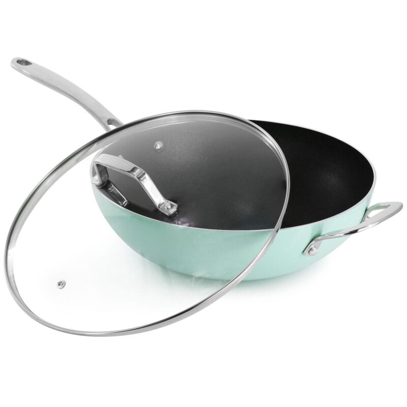 12 Inch 5 Quart Aluminum Nonstick Essential Pan with Lid and Beech Wood Utensils in Blue - Image 2