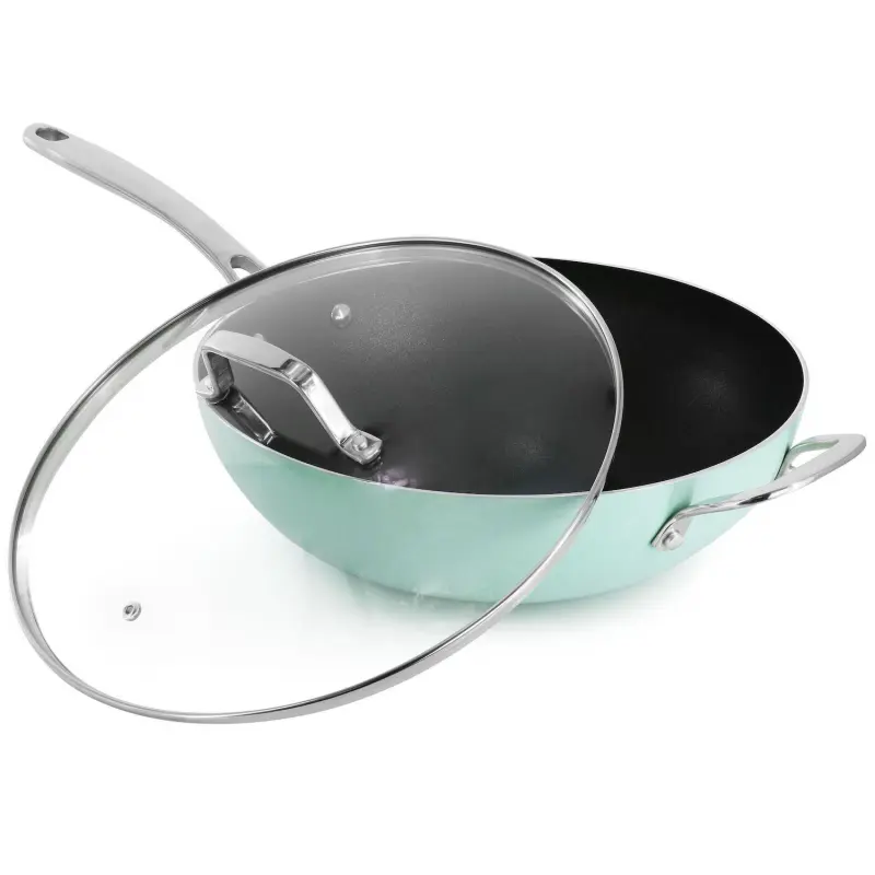 12 Inch 5 Quart Aluminum Nonstick Essential Pan with Lid and Beech Wood Utensils in Blue - Image 2