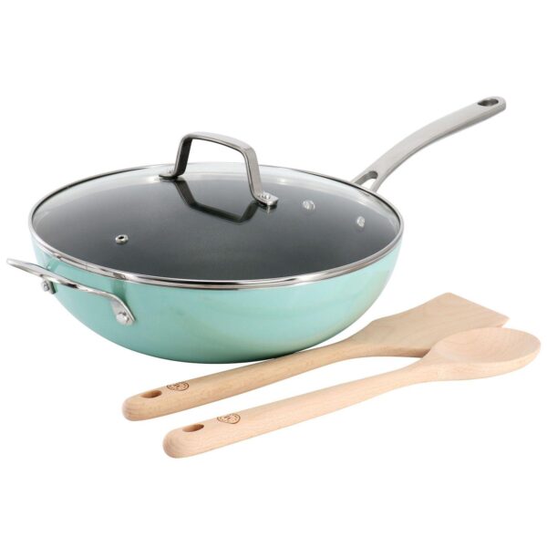 12 Inch 5 Quart Aluminum Nonstick Essential Pan with Lid and Beech Wood Utensils in Blue