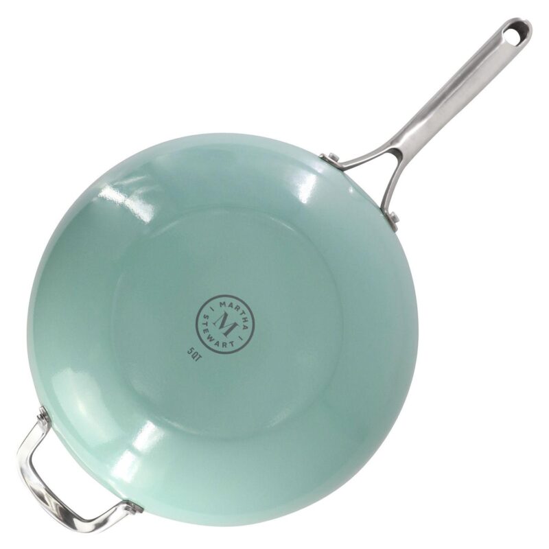 12 Inch 5 Quart Aluminum Nonstick Essential Pan with Lid and Beech Wood Utensils in Blue - Image 5