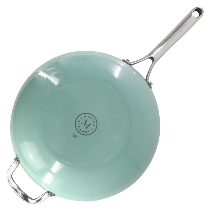 12 Inch 5 Quart Aluminum Nonstick Essential Pan with Lid and Beech Wood Utensils in Blue - Image 5