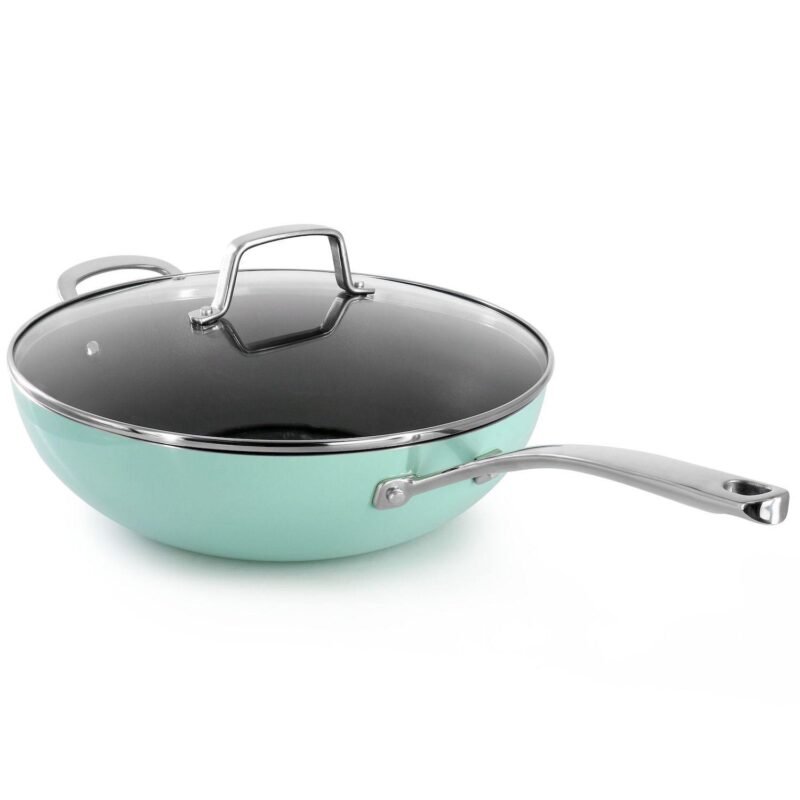 12 Inch 5 Quart Aluminum Nonstick Essential Pan with Lid and Beech Wood Utensils in Blue - Image 3