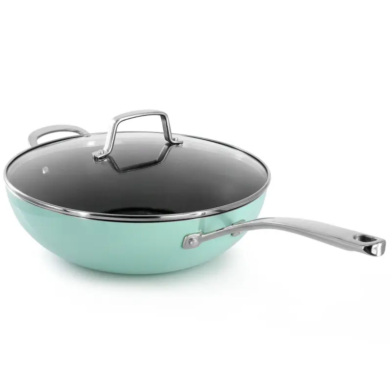 12 Inch 5 Quart Aluminum Nonstick Essential Pan with Lid and Beech Wood Utensils in Blue - Image 3