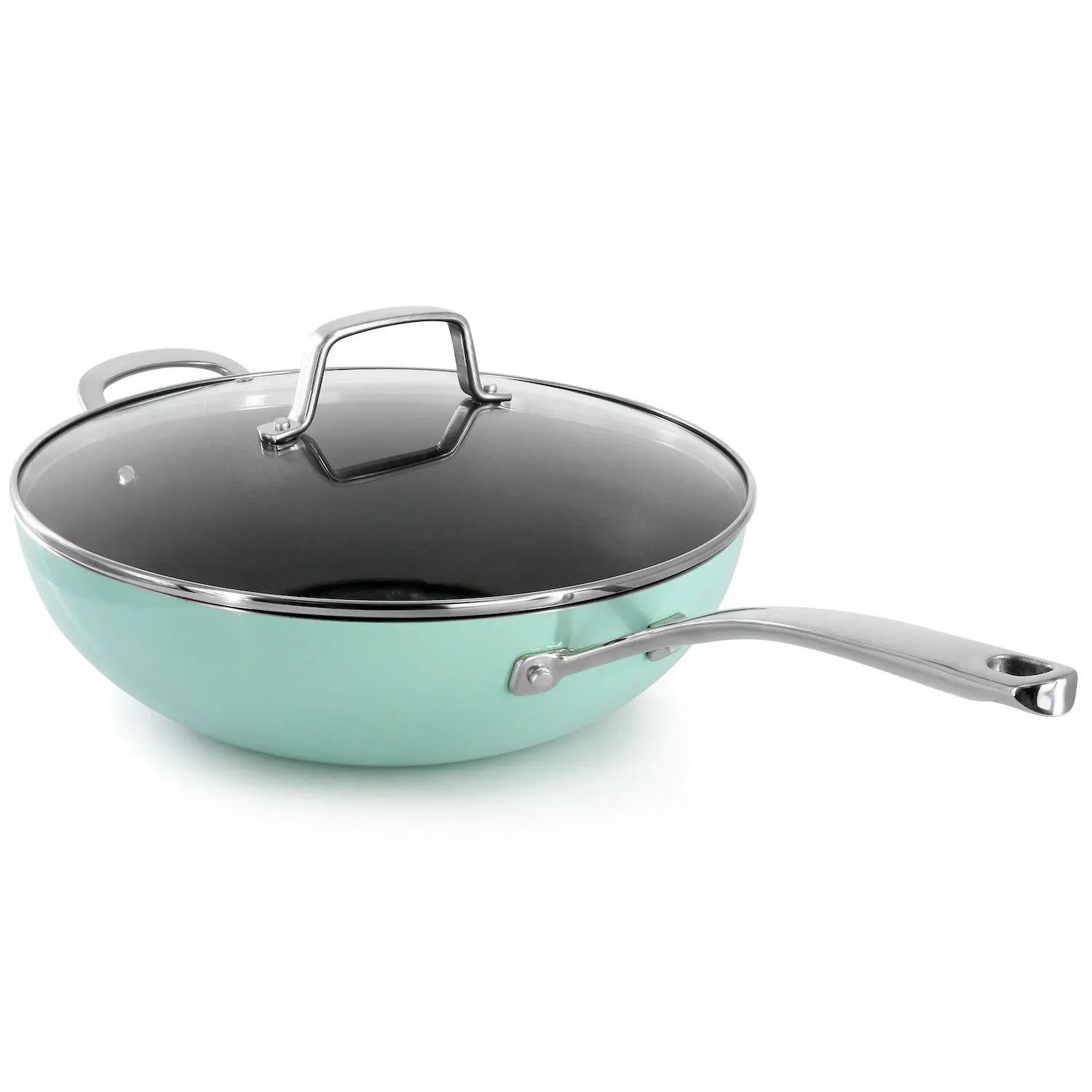 12 Inch 5 Quart Aluminum Nonstick Essential Pan with Lid and Beech Wood Utensils in Blue 3 12 Inch 5 Quart Aluminum Nonstick Essential Pan with Lid and Beech Wood Utensils in Blue - Image 3