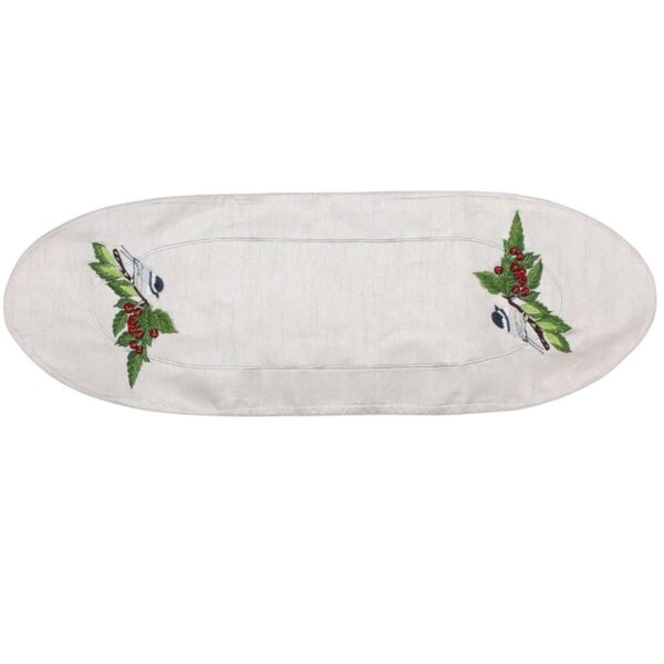 12  x 36  White and Green Chickadee and Cherries Contemporary Table Runner