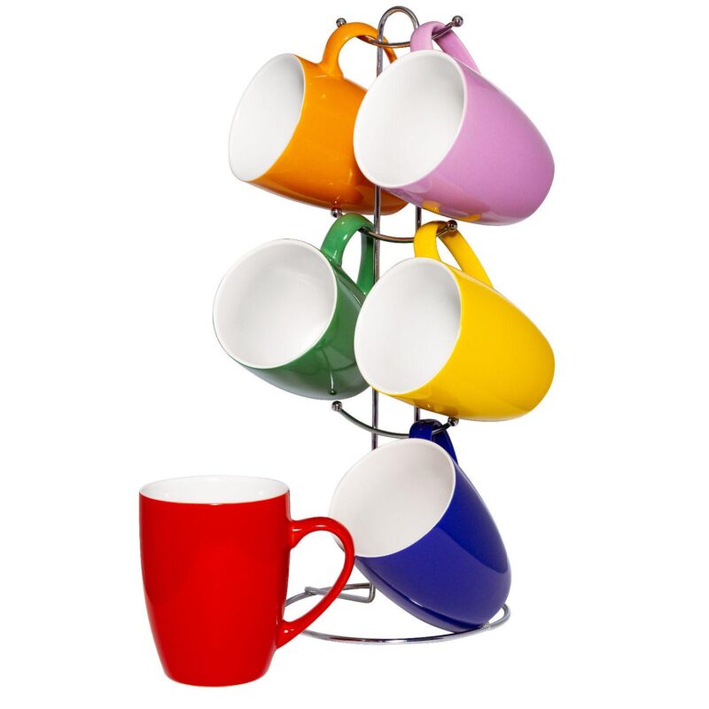 12oz Ceramic Mug Set w/ Stainless Steel Stand - Set of 6 Mugs - Image 2