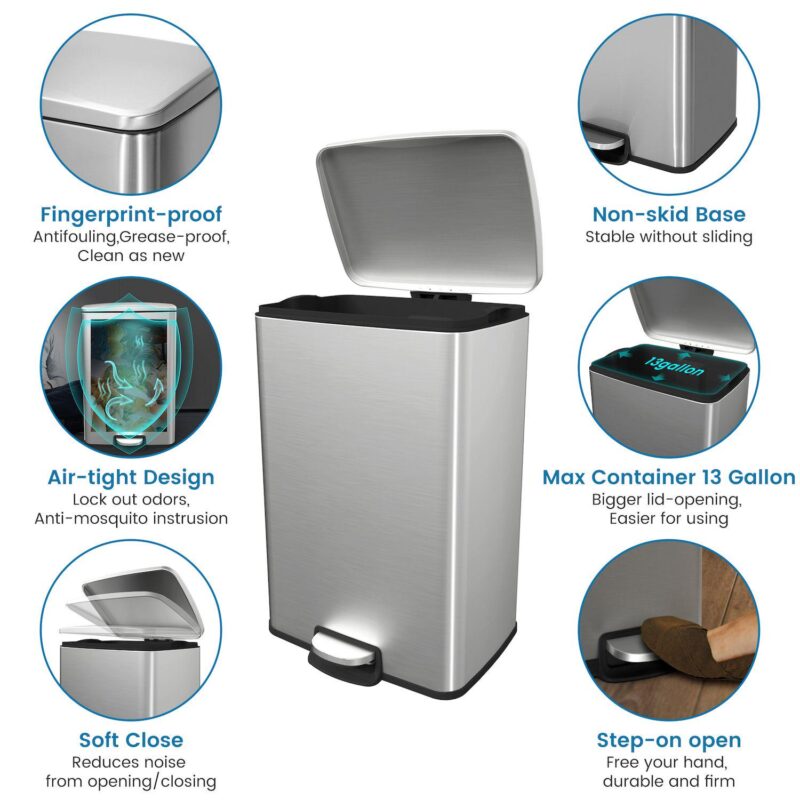 13 Gal./50 Liter Rectangular Stainless Steel Step-on Trash Can for Kitchen - Image 5