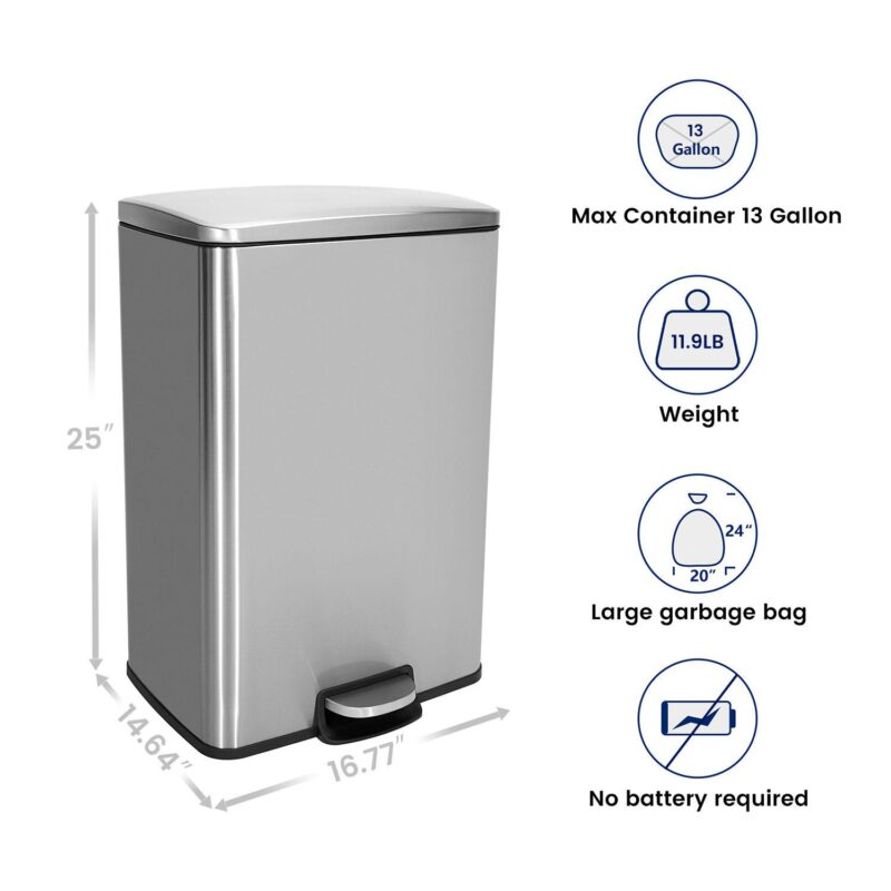 13 Gal./50 Liter Rectangular Stainless Steel Step-on Trash Can for Kitchen - Image 2