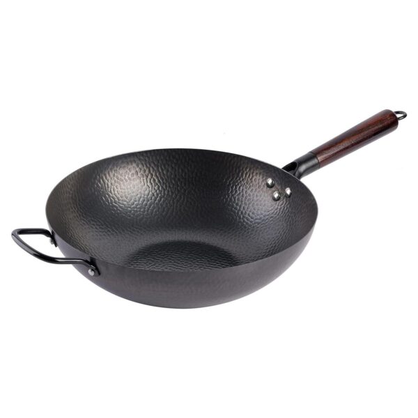 13 Inch Carbon Steel Nonstick Hammered Wok with Wood Handle in Black