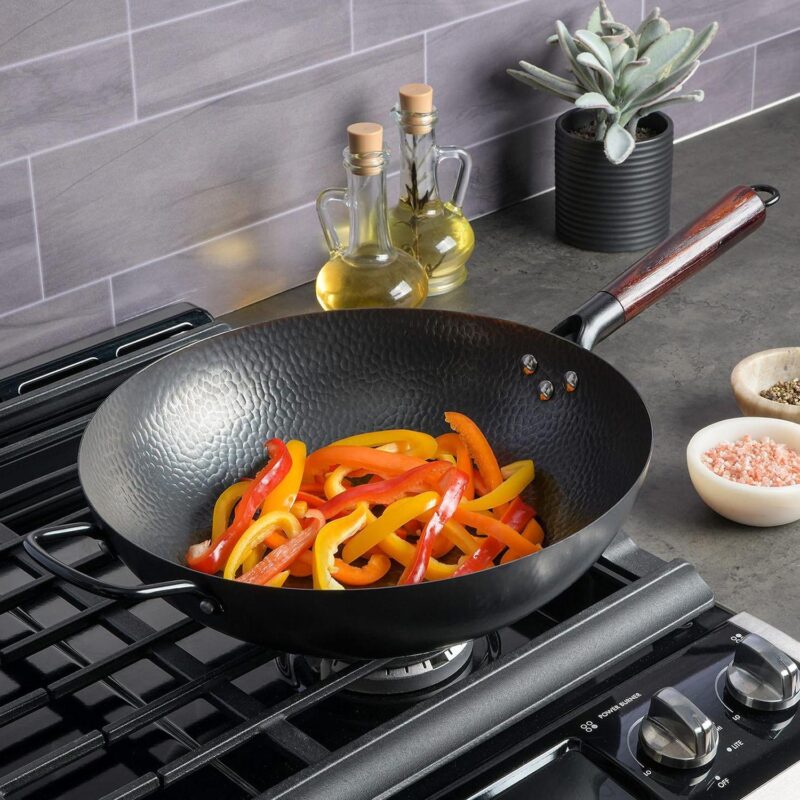13 Inch Carbon Steel Nonstick Hammered Wok with Wood Handle in Black - Image 5
