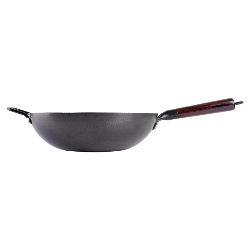 13 Inch Carbon Steel Nonstick Hammered Wok with Wood Handle in Black - Image 2