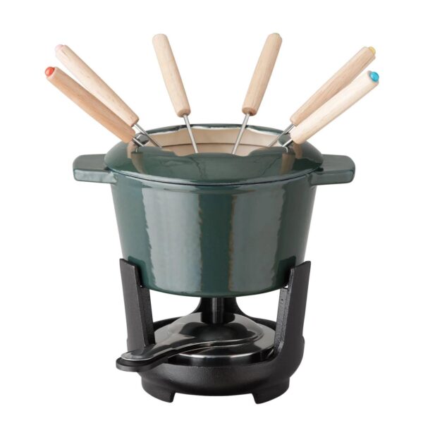 13 Piece Enameled Cast Iron Fondue Pot Set in Sycamore