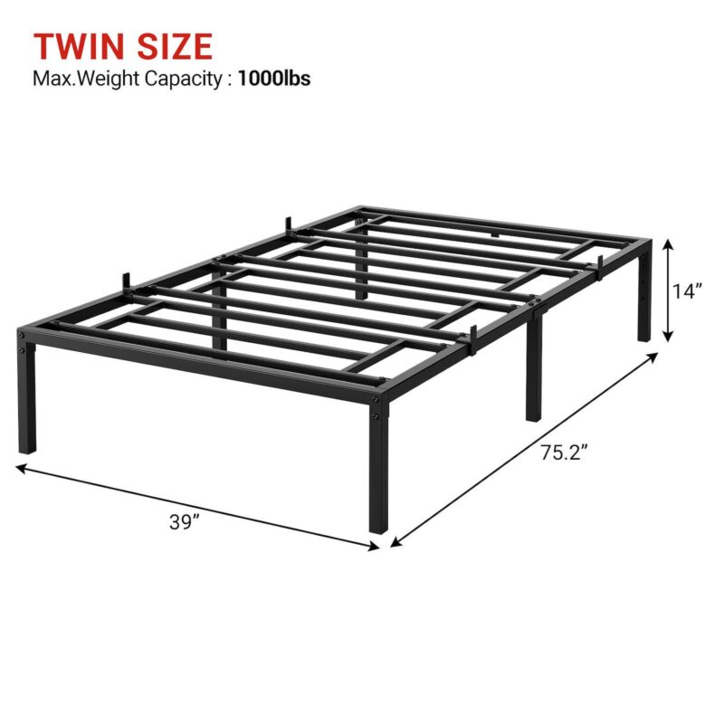 14 Inch Twin Size Metal Platform Bed Frame, Heavy Duty Steel Slat Support, No Box Spring Needed - Image 3