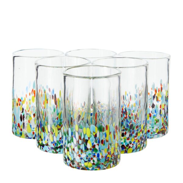 14 oz Hand Blown Mexican Drinking Glasses, Confetti Tumbler Cups (Set of 6)