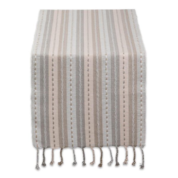 14  x 108  Beige Brown and Gray Rectangular Home Essentials Natural Tonal Stripe With Fringe Table Runner