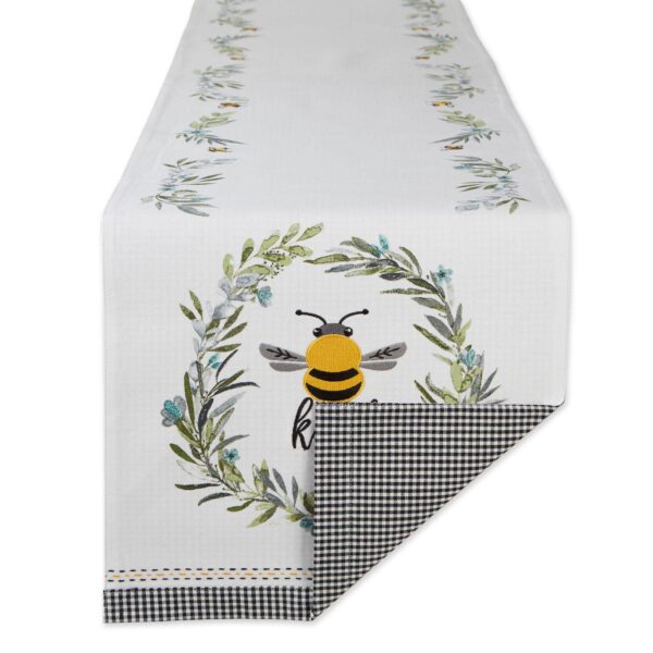 14  x 108  White Gray and Yellow Rectangular Home Essentials Bee Kind Reversible Embellished Table Runner