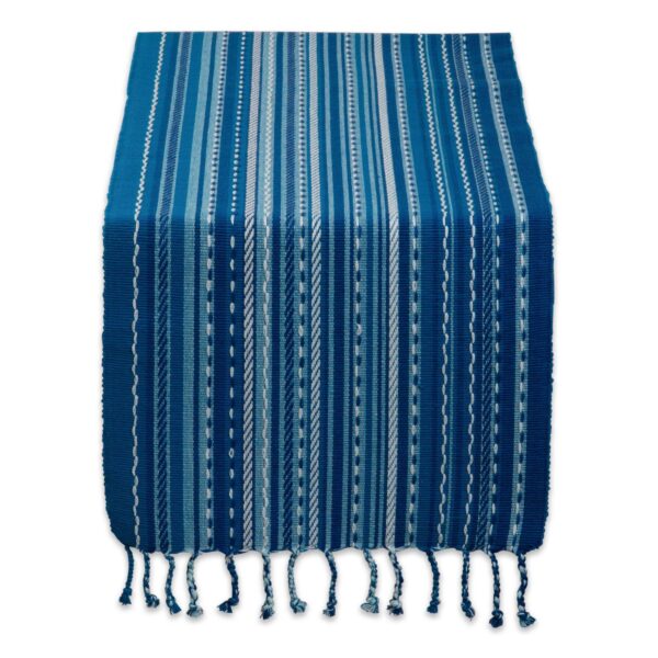 14  x 72  Blue and White Rectangular Home and Kitchen Essentials Tonal Stripe With Fringe Table Runner