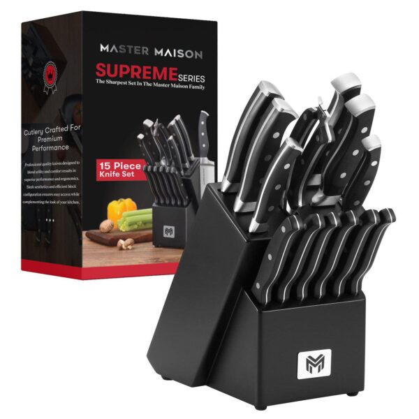 15 Piece Kitchen Knife Set With Wooden Block And Sharpener