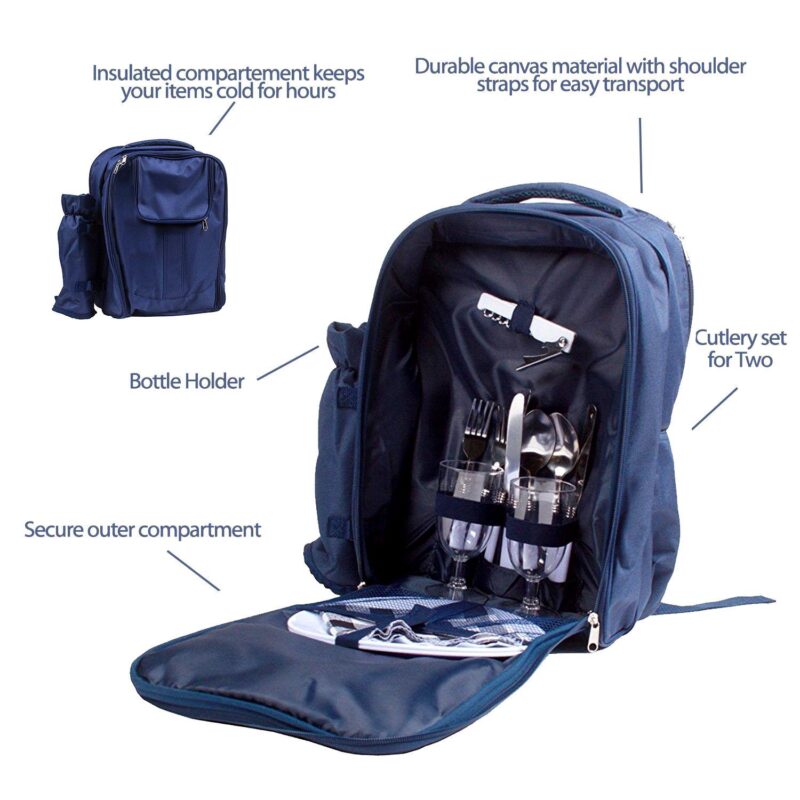 15 Piece Navy Blue Insulated Wine Carrier Tote Bag - Picnic Set for 2 - Image 3
