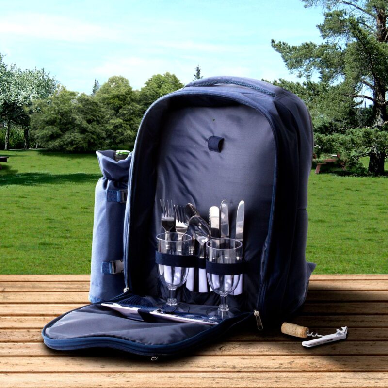 15 Piece Navy Blue Insulated Wine Carrier Tote Bag - Picnic Set for 2 - Image 2