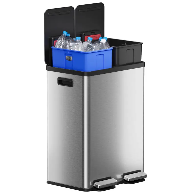 16 Gallon Stainless Steel Dual Compartment Combo Step Pedal Trash Can and Recycle Bin - Image 2