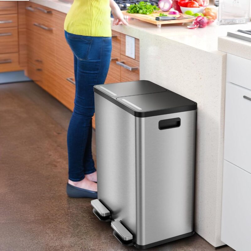 16 Gallon Stainless Steel Dual Compartment Combo Step Pedal Trash Can and Recycle Bin - Image 3