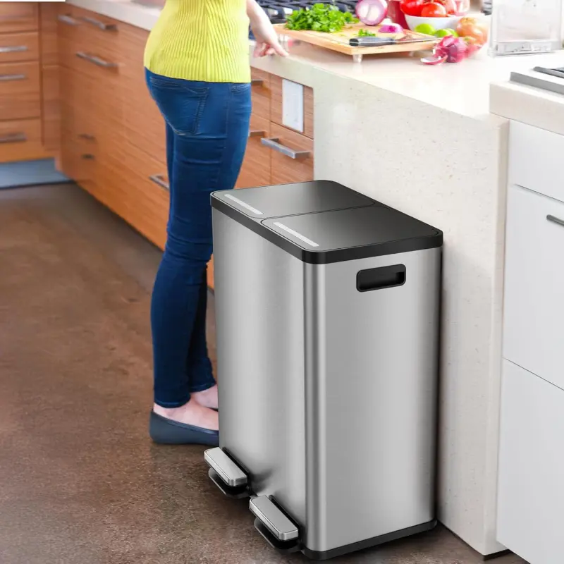 16 Gallon Stainless Steel Dual Compartment Combo Step Pedal Trash Can and Recycle Bin - Image 3