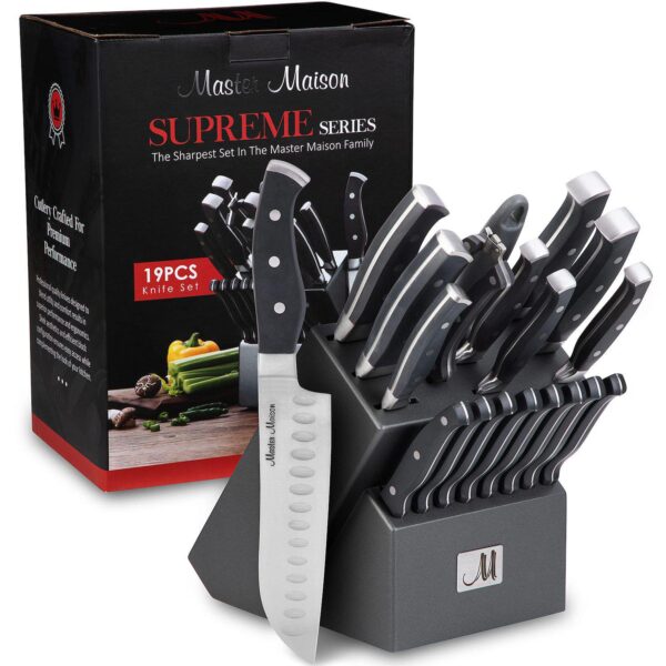 19 Piece Kitchen Knife Set With Wooden Block And Sharpener