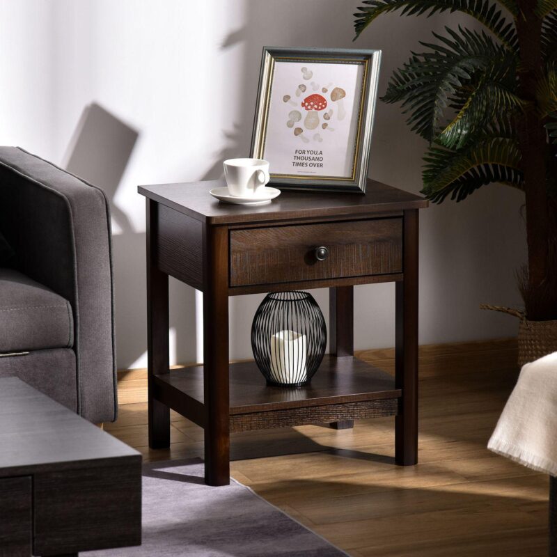 21  End Side Sofa Storage Living Room Table W/ Drawer and Bottom Shelf, Dark Brown - Image 2