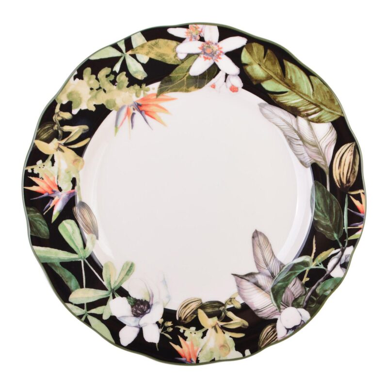 222 Fifth Borneo Black Botanical 12-piece Dinnerware Set - Image 4