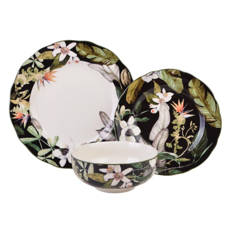 222 Fifth Borneo Black Botanical 12-piece Dinnerware Set - Image 2