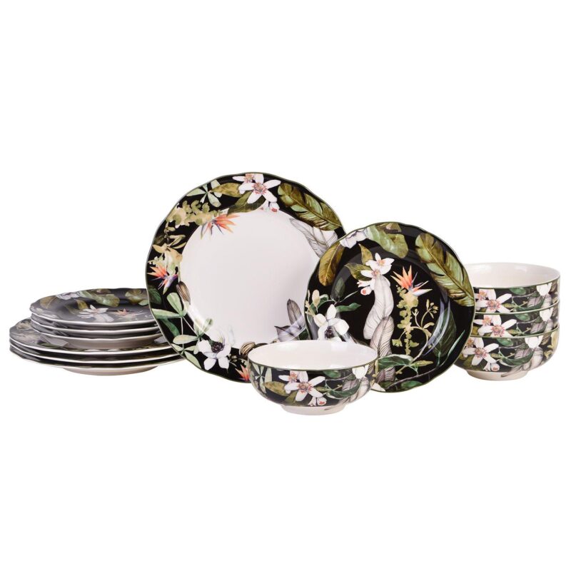 222 Fifth Borneo Black Botanical 12-piece Dinnerware Set
