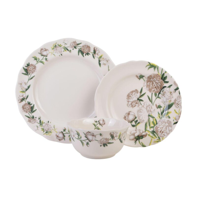 222 Fifth Luxe Peony Neutral Porcelain 12-piece Dinnerware Set - Image 2
