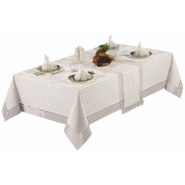 26 Piece Tablecloth Set In  champagne Kisses  Linen-like Material With Faux Pearls And Lace Edging