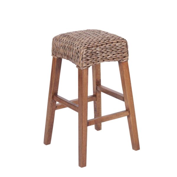 29.5  Rustic Bohemian Hyacinth/wood Backless Bar Stool, Brown Wash Woven Seat, Natural Wood Frame