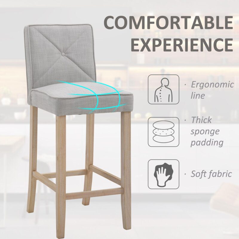 2 Pcs Bar Stools Dining Chair W/ Footrest, Solid Wood Leg Home Pub, Grey - Image 3