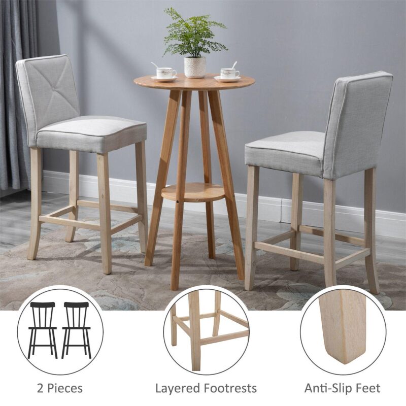 2 Pcs Bar Stools Dining Chair W/ Footrest, Solid Wood Leg Home Pub, Grey - Image 4