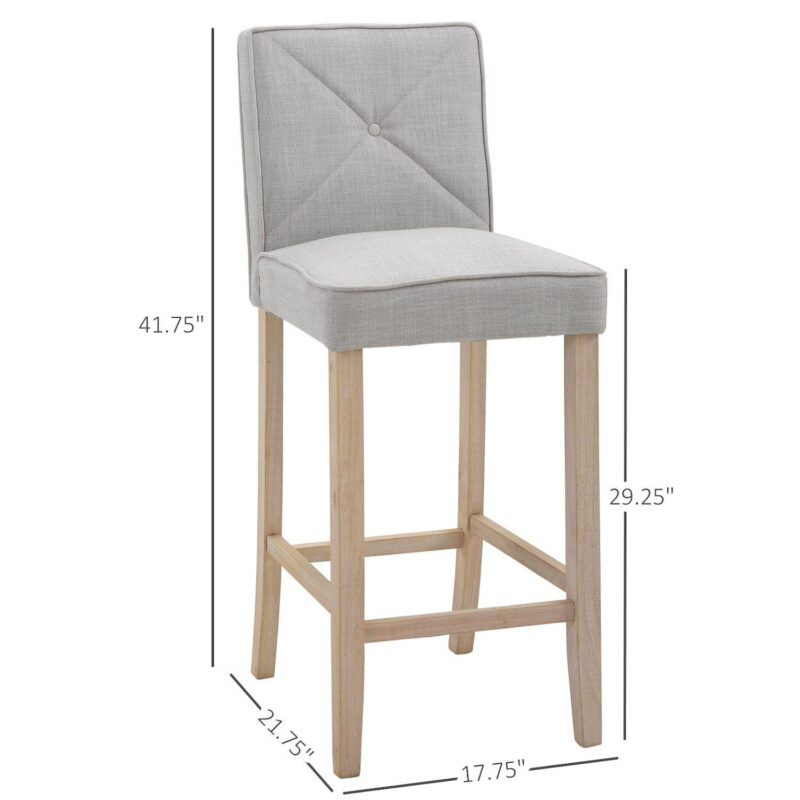 2 Pcs Bar Stools Dining Chair W/ Footrest, Solid Wood Leg Home Pub, Grey - Image 2