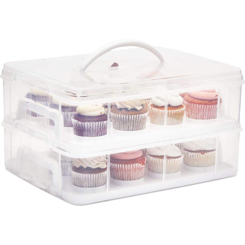 2 Tier Cupcake Carrier with Lid, Holds 24 Cupcakes (13.5 x 10.25 x 7.5 In)