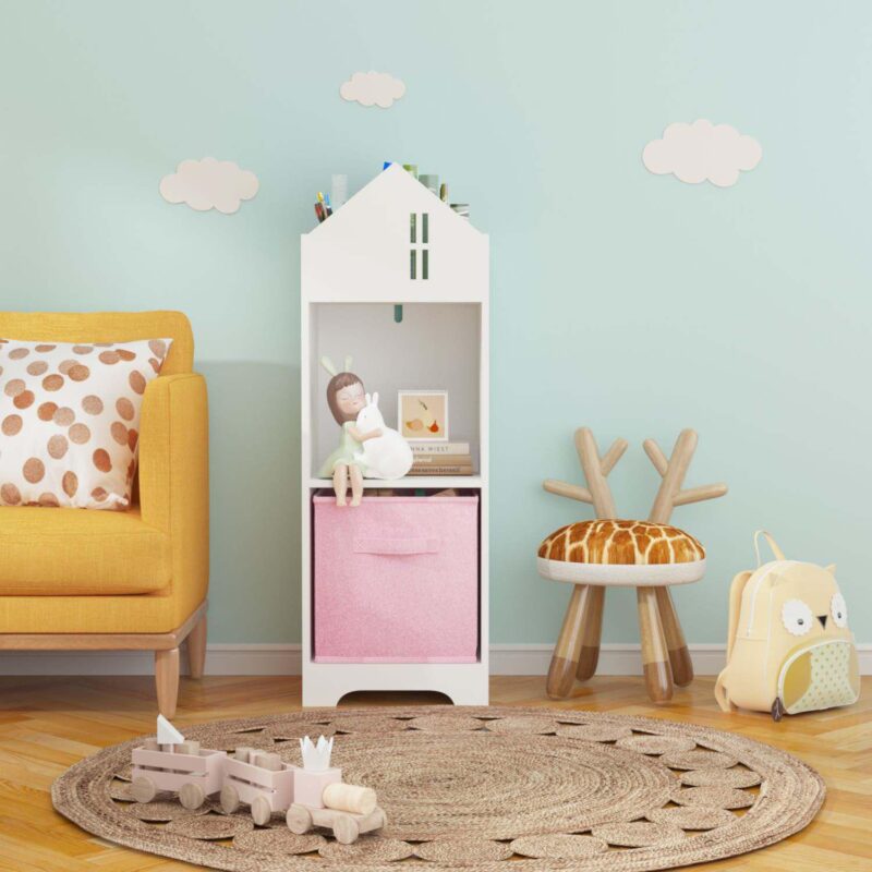 2-tier Display Organizer Kids Dollhouse Bookcase With Collapsible Drawer Storage - Image 2