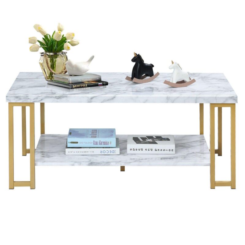 2-tier Rectangular Modern Coffee Table With Gold Print Metal Frame - Image 5