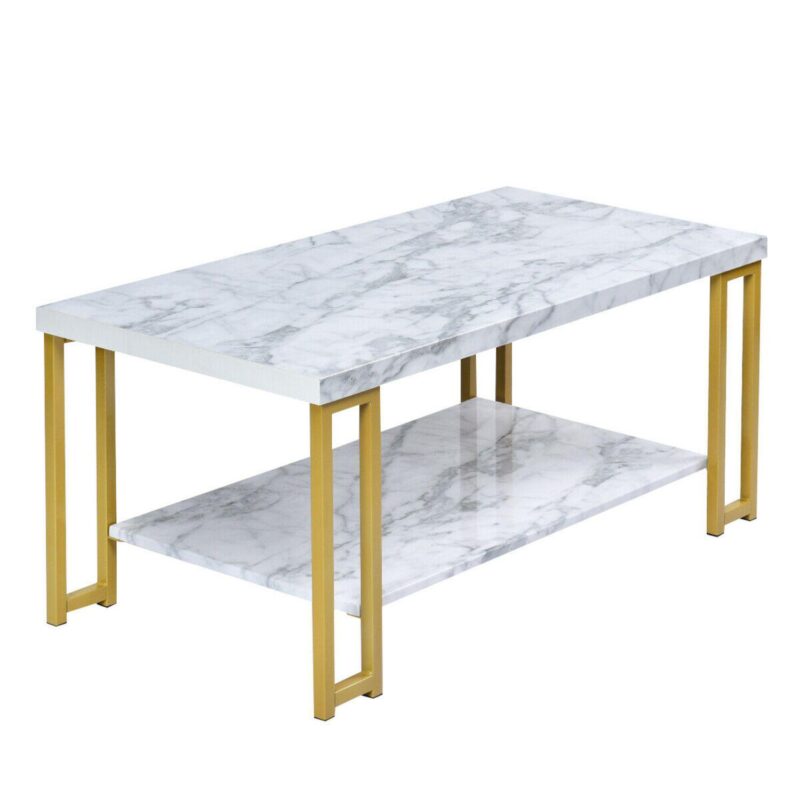 2-tier Rectangular Modern Coffee Table With Gold Print Metal Frame - Image 4