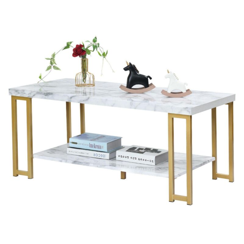 2-tier Rectangular Modern Coffee Table With Gold Print Metal Frame - Image 3