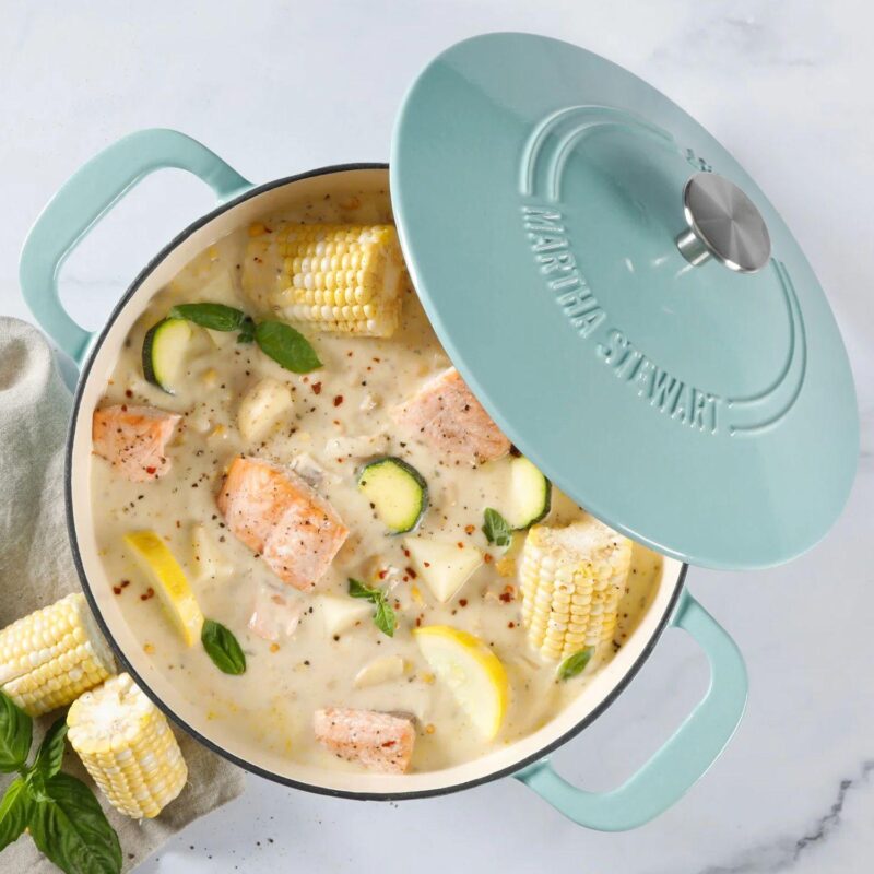 3.5 Quart Enameled Cast Iron Braiser in Blue with Self Basting Lid - Image 5