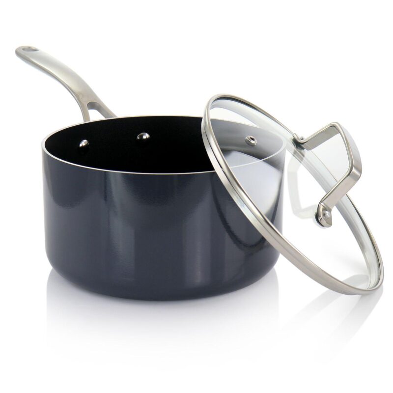 3.5 Quart Nonstick Aluminum Saucepan in Dark Gray with Glass Lid - Image 2
