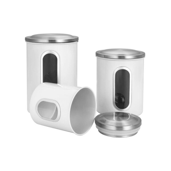 3 Piece Set Of Nesting Stainless Steel Canisters. With Tight Fitting Lids And Clear-view Windows